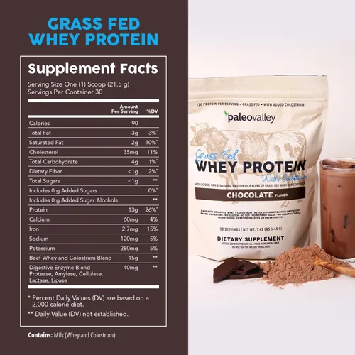 Miniatura 2 de Paleovalley Proteína de suero en polvo 100% alimentada con pasto con calostro, 30 porciones, chocolate, 0.53 onzas de proteína, construcción