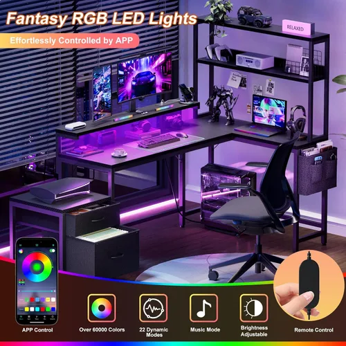 Miniatura 5 de REAHOME Escritorio en forma de L de 70 pulgadas con cajones de archivos y estantes de almacenamiento reversibles, escritorio de computadora con toma