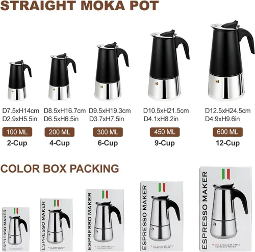 Miniatura 2 de Estufa de 2 tazas de acero inoxidable, cafetera italiana, capacidad para café moca, cocina clásica de inducción para el hogar y campamento, 3.3