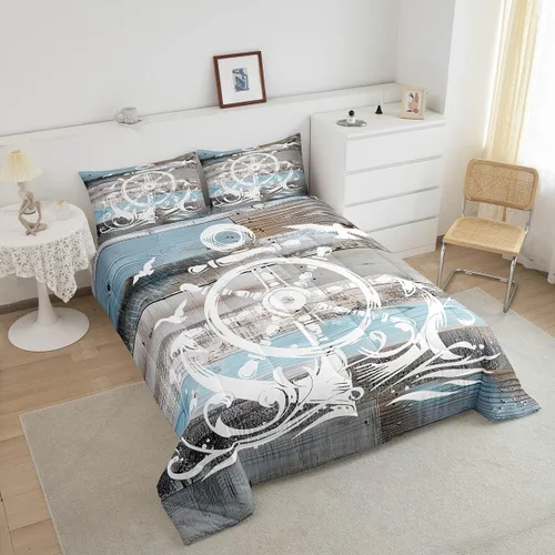 Miniatura 3 de Erosebridal Juego de edredón de ancla náutica, juego de ropa de cama con brújula oceánica, tamaño individual para niños, adolescentes y adultos