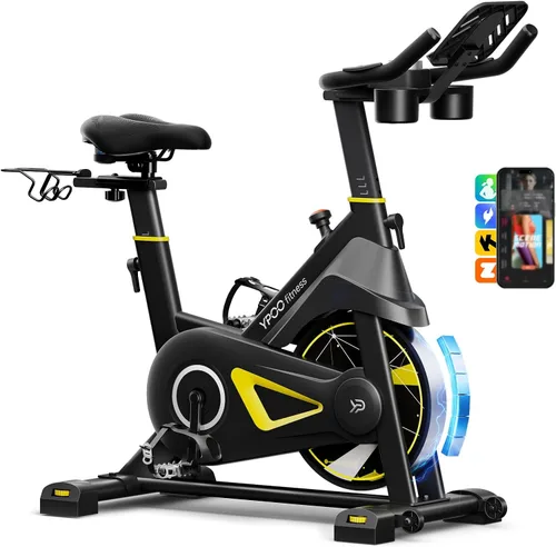 YPOO Bicicleta estática, resistencia magnética ajustable, bicicletas estacionarias para cardio en casa con aplicación exclusiva, bicicleta de Pro