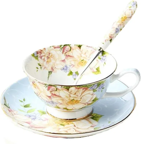 Set de regalo Juego de taza de té, cuchara y platillo de porcelana china vintage con borde dorado para decoración fina de comedor y mesa (Rosa azul)