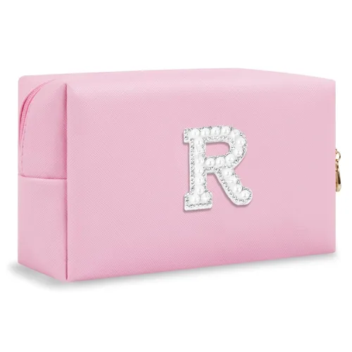 Miniatura 240 de Pequeña bolsa de maquillaje personalizada con inicial A-Z Preppy Patch, bolsa de cosméticos de viaje de felpilla blanca con cremallera, bonita bolsa