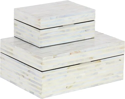Miniatura 24 de Deco 79 Caja decorativa geométrica hecha a mano con concha de madreperla, mosaico de puntos, caja de almacenamiento para recuerdos, con acentos Crema