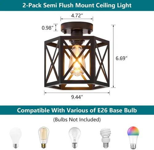 Miniatura 3 de XSDeTu Paquete de 2 Luces de Techo Semiempotradas Estilo Granja, Accesorio de Luz Industrial Negra para Pasillo, Pequeña Jaula de Metal Pegada al