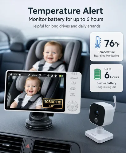 Miniatura 8 de Cámara inalámbrica para automóvil de bebé, visión nocturna automática IR HD 1080P, monitor de bebé giratorio de 360°, pantalla de 5 pulgadas zoom