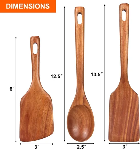 Miniatura 7 de Juego de 3 espátulas de madera grandes, utensilios de cocina, cuchara de madera para cocinar, espátula de servir, espátulas volteadoras, cucharas