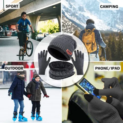 Miniatura 5 de T WILKER Juego de 3 gorros de invierno para niños, bufanda y guantes para pantalla táctil