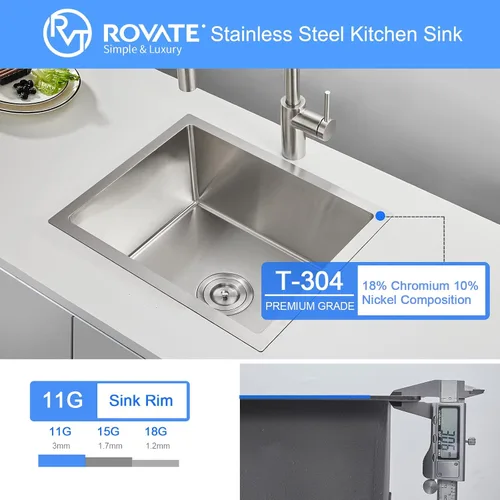 Miniatura 6 de ROVATE Fregadero de cocina de 20 x 16 x 9 pulgadas, fregadero de cocina de acero inoxidable 304 con colador para montaje inferior, fregadero