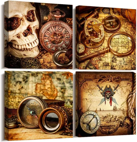 hyidecorart Lienzo decorativo para pared de sala de estar, oficina, decoración de pared, pintura, decoración de dormitorio, brújula de barco pirata,