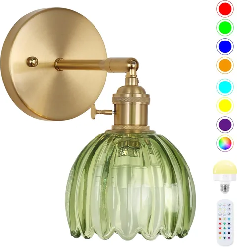 Miniatura 25 de Aplique de Pared Operado por Batería, Apliques de Pared para Interiores no Cableados Apliques de Pared con Pantalla de Vidrio Verde Profundo con RGB