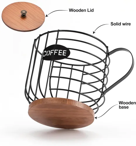 Miniatura 2 de Soporte rústico para cápsulas de café – Alambre negro de gran capacidad para almacenamiento de tazas K con tapa de madera – Decoración redonda