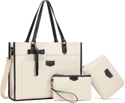 Miniatura 11 de Keyli 3 piezas Bolsa para Laptop para Mujeres, 15.6 Pulgadas Bolsa de Lona Tote Bolsas de Trabajo Grandes Maletín de Computadora de Negocios Bolso