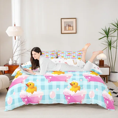 Miniatura 5 de Erosebridal Funda de edredón para niños y niñas, diseño de pato amarillo, diseño de patos de dibujos animados, juego de ropa de cama de animales