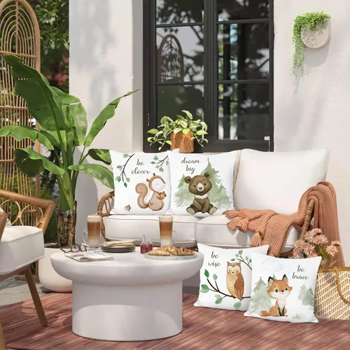 Miniatura 3 de Bonhause Juego de 4 fundas de almohada de animales del bosque, 18 x 18 pulgadas, diseño de oso zorro, ardilla, búho, para niños, para sofá, aula