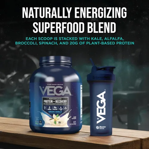 Miniatura 10 de Vega Sport proteína en polvo vegana + recuperación - 30g de proteína a base de plantas por porción, vainilla, 45 porciones, 5g de BCAA, probióticos