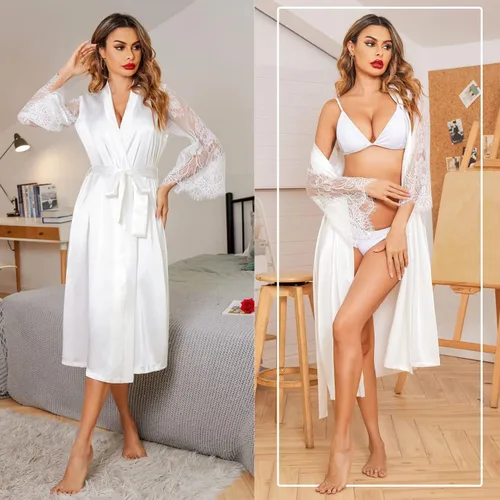 Miniatura 4 de Avidlove Bata tipo kimono de encaje floral para mujer, de manga larga, bata de baño, bata de novia
