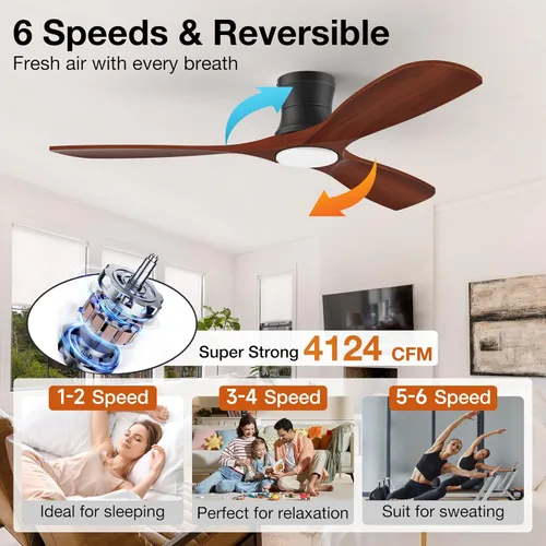 Miniatura 6 de Hoenofly - Ventiladores de techo empotrados inteligentes de madera de 52" con luces y control remoto, motor CC silencioso, ventilador de techo