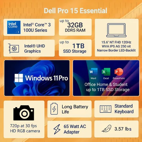 Miniatura 2 de Dell Computadora portátil para el hogar y los estudiantes, Intel Core 3 100U, 8 GB DDR5 RAM, SSD de 512 GB, Business 15.6" Pro 15 Essential 120Hz