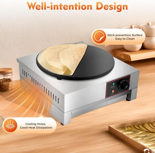 Miniatura 5 de Máquina eléctrica de crepé, máquina antiadherente de 16 pulgadas y 1700 W, plancha de crepes de placa plana comercial con luces indicadoras LED
