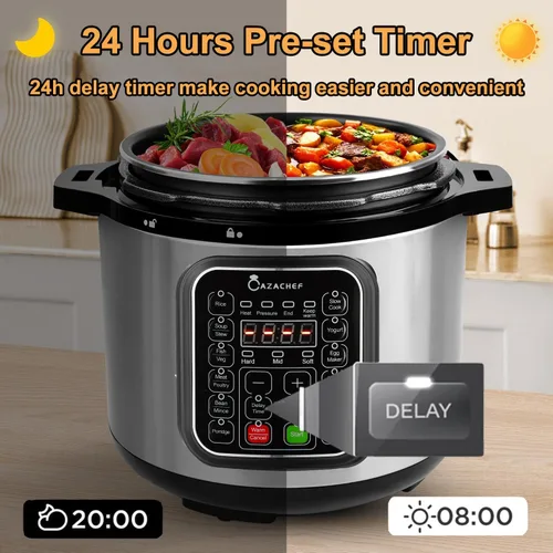 Miniatura 3 de Olla a presión de acero inoxidable de 8 cuartos Olla arrocera eléctrica con preconfiguración de 24 horas, olla de cocción lenta 14 en 1