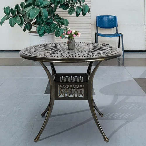 Miniatura 13 de Mesa de comedor al aire libre de 30.5 pulgadas, cuadrada, para patio, mesa de bistró, de aluminio fundido de bronce, mesa grande rústica con agujero
