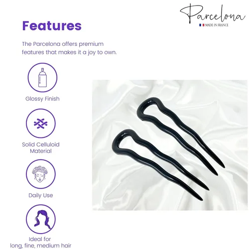 Miniatura 2 de Parcelona Juego de 3 horquillas de celuloide ondulado en forma de U para el cabello, estilo moño para mujer, a la moda, flexible, duradero