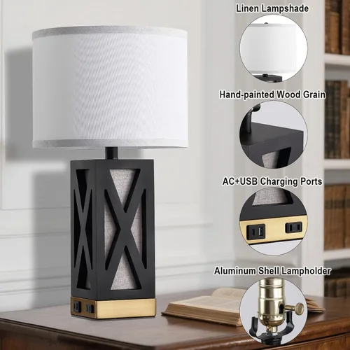 Miniatura 6 de Lámpara de mesa de madera con 3 temperaturas de color, lámpara de mesa de noche con salida de CA, puerto de carga USB A y C, lámpara de noche
