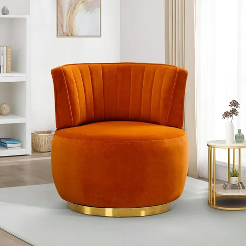 Miniatura 11 de SLEERWAY Silla giratoria de 360°, moderna silla decorativa redonda de terciopelo, cómoda silla pequeña tapizada con base de metal dorado para sala