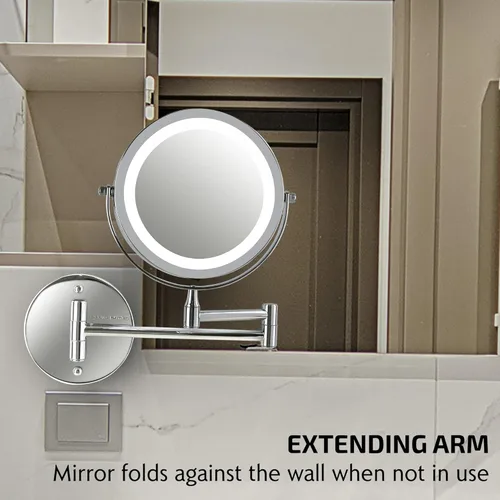 Miniatura 7 de Espejo de maquillaje iluminado OVENTE de 6.8" montado en pared, aumento 1X y 7X, LED doble cara ajustable y redonda, brazo extendible, retráctil