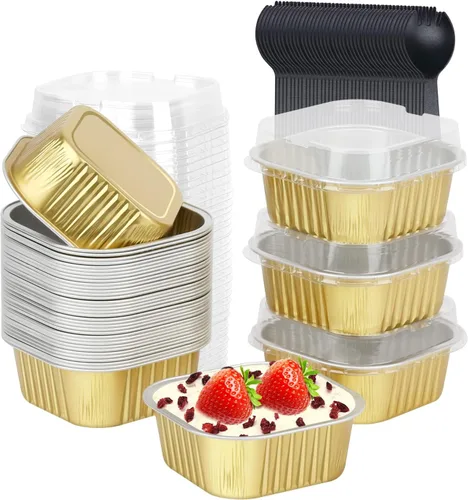 Miniatura 12 de LNYZQUS - Juego de 40 moldes de aluminio para brownies de 10 oz, ramequines desechables cuadrados de 10 cm x 10 cm con tapas, moldes pequeños