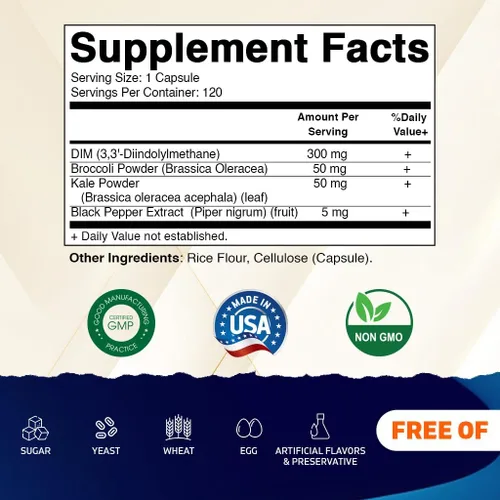 Miniatura 2 de Vitamatic DIM Complejo de suplemento para mujeres y hombres, 300 mg, 120 cápsulas vegetales, hecho con pimienta negra, brócoli en polvo y col rizada