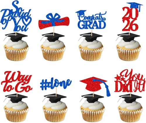 Miniatura 16 de Decoraciones de graduación 2026 azul, adornos para cupcakes de graduación 2026 azul y negro, suministros de decoración para cupcakes clase de 2026