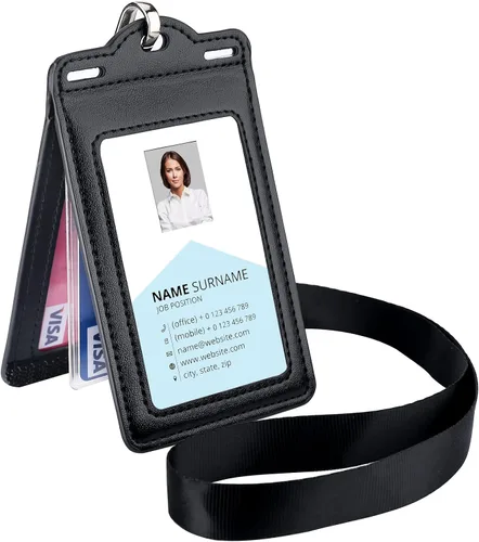 Miniatura 8 de Portatarjetas con 2 cordones de piel, soporte para tarjetas de identificación de tres pliegues resistente, para enfermera, maestra, escuela, uso Oro
