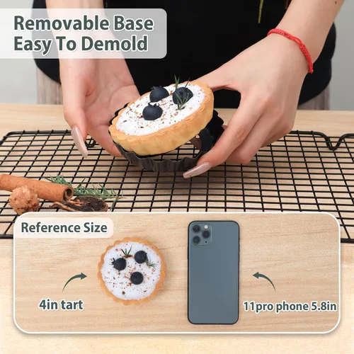 Miniatura 5 de Juego de 10 mini sartenes para tartas con fondo extraíble de 4 pulgadas, antiadherente, redonda, acero al carbono resistente para pasteles