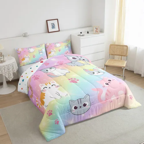 Miniatura 33 de Erosebridal Juego de ropa de cama para niños, tamaño individual, diseño de gatos de dibujos animados, para niñas, niños y adolescentes, edredón