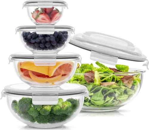 JoyJolt Tazones para mezclar de cocina. Juego de 5 cuencos de vidrio con tapas, cuencos de anidación ordenados. Juego de tazones grandes para