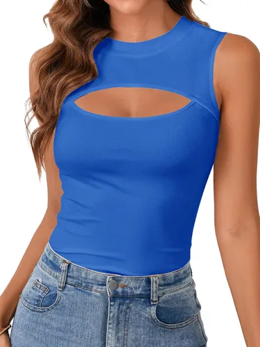 Miniatura 16 de Vrtige Camiseta sin mangas sexy con cuello redondo para mujer, de punto acanalado, sin mangas, ajustada