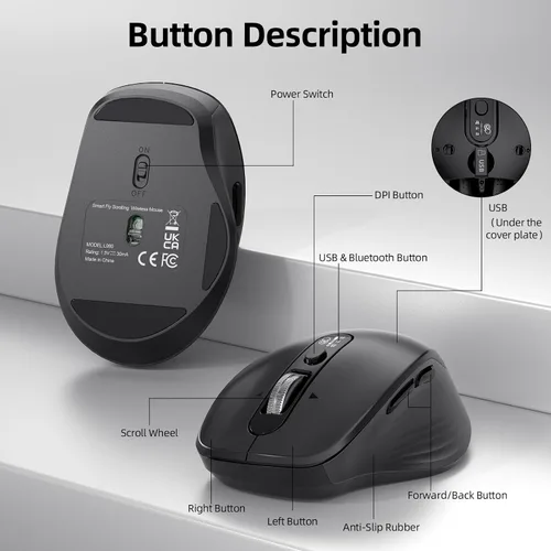 Miniatura 8 de INFINMIND Ratón Bluetooth inalámbrico, multidispositivo (BT1/BT2 + USB de 2.4 G) para laptop, iPad y Mac, desplazamiento de 4 vías con botones