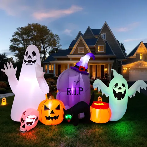 MGparty Decoraciones inflables de Halloween de 8 pies para exteriores, fantasma, gato, calabaza, decoración de patio con luces LED integradas,