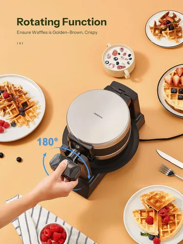 Miniatura 3 de Máquina para hacer gofres, plancha redonda clásica belga para gofres con diseño giratorio de 180°, placas antiadherentes y mango de tacto frío