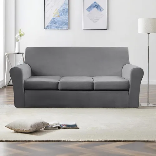 Miniatura 8 de 2 Piezas de Funda de Sillón de Terciopelo en Relieve con Funda de Cojín Separada, Funda de Sofá de Tacto Suave y Elegante, Funda de Sofá
