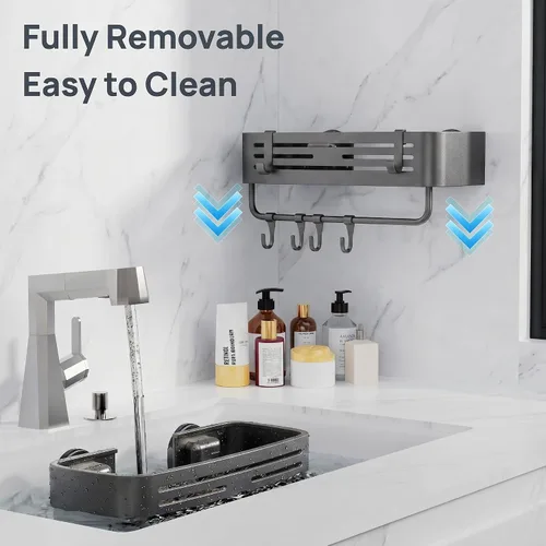 Miniatura 6 de Ventosa para regadera, paquete de 2 estantes cuadrados de ducha sin perforación, aleación de aluminio, extraíble, regaderas de succión para baño