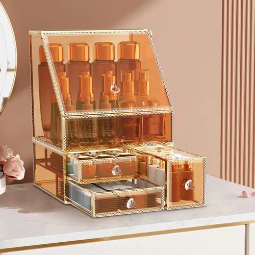 CoralHouse Organizador de maquillaje, organizador de maquillaje ámbar con cajón, soporte para el cuidado de la piel para encimera de baño, vitrina