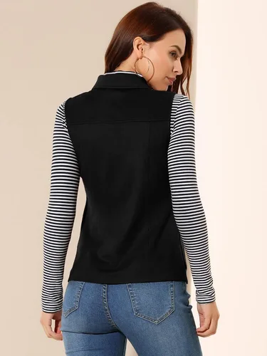 Miniatura 5 de Allegra K Chaleco de gamuza sintética para mujer, chaqueta sin mangas con botones y bolsillo tipo cargo