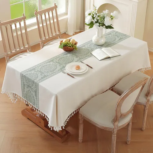 Miniatura 8 de Pahajim Mantel de lino rústico rectangular con borlas a rayas de algodón para mesa de cocina y comedor, cuadrada, 55 x 55 pulgadas, 4 asientos Azul