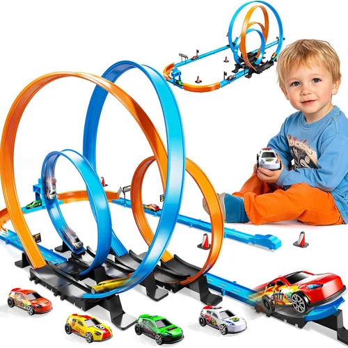 Miniatura 9 de Conjunto de Pista de Carreras de Coches LILYBUDS para Niños, Niños de 3-5 4-7 años, Pistas de Carreras con 4 Zonas de Choque y Coches de Ranura