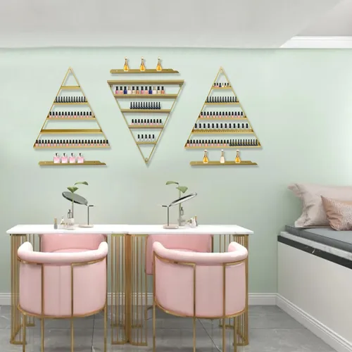 Miniatura 16 de Estante de almacenamiento de esmalte de uñas de metal para montar en pared, organizador de esmalte de uñas triangular de 5 niveles, soporte