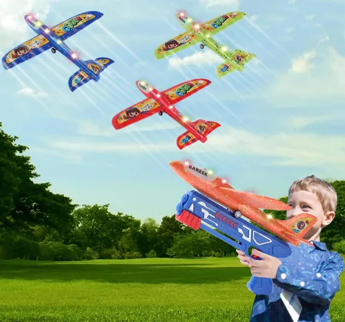 Paquete de 3 lanzadores de aviones de juguete para niños, planeador de espuma ligera LED con lanzador de avión para jugar al aire libre, juguete
