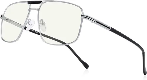 Gafas de lectura para hombre, cuadrado, doble puente, bloqueo de luz azul, para lectura de computadora Plateado